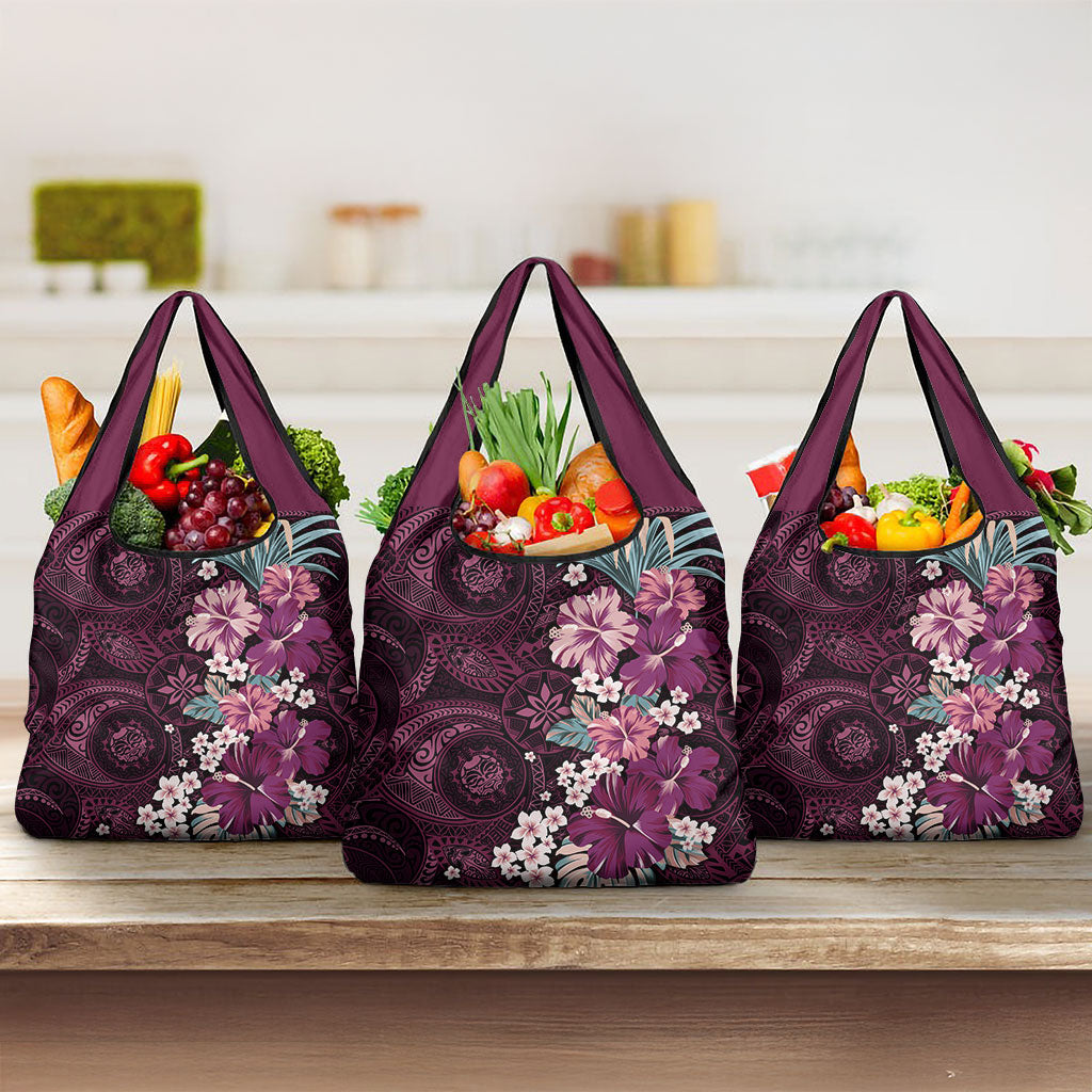 Poni Mama Hawai'i Hibiscus Grocery Bag Polynesian Tribal Tattoo Pattern Floral Elements LT9 3-pack One Size Pink - Polynesian Pride