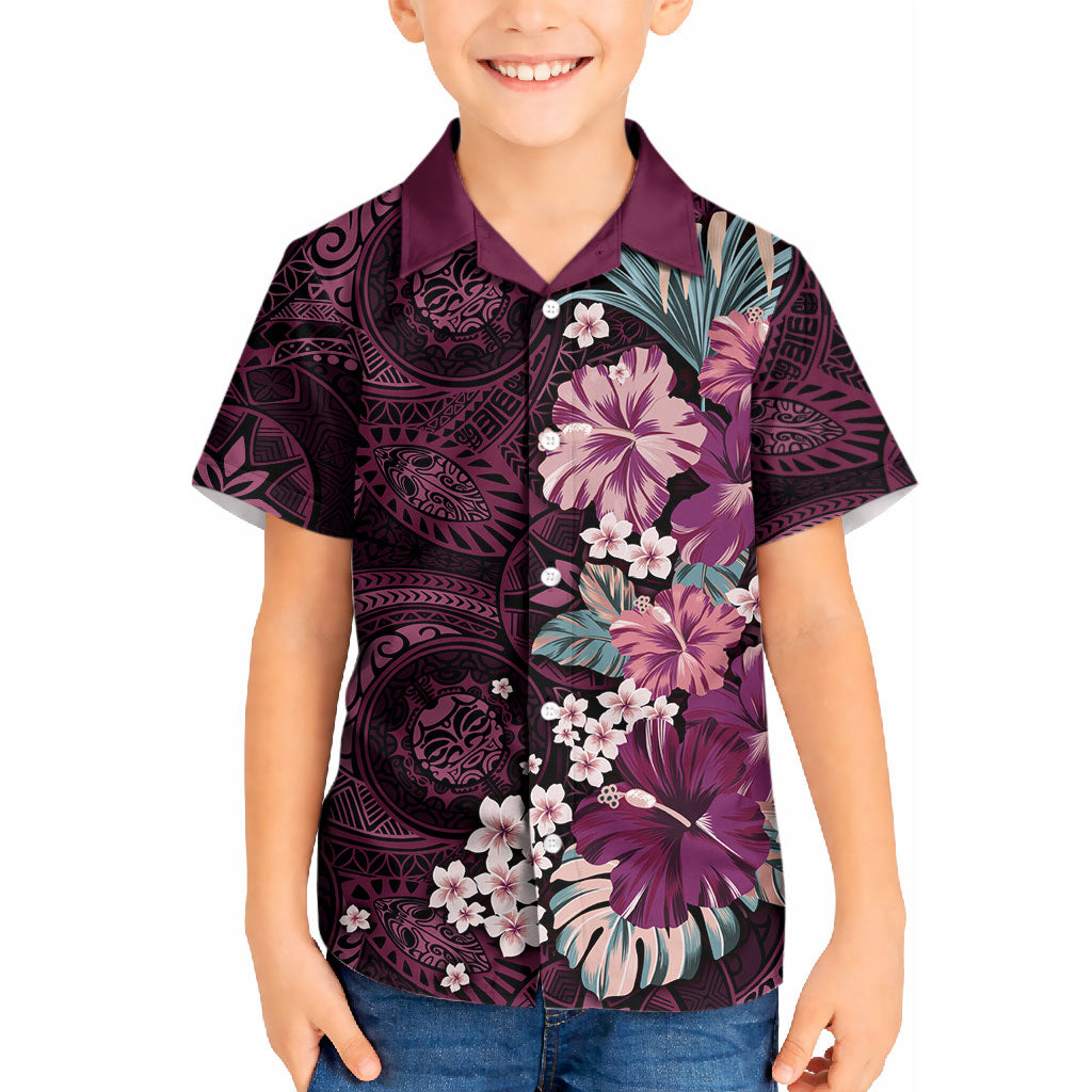 Poni Mama Hawai'i Hibiscus Kid Hawaiian Shirt Polynesian Tribal Tattoo Pattern Floral Elements LT9 Kid Pink - Polynesian Pride