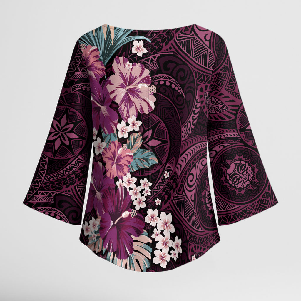 Poni Mama Hawai'i Hibiscus Kimono Sleeve Blouse Polynesian Tribal Tattoo Pattern Floral Elements
