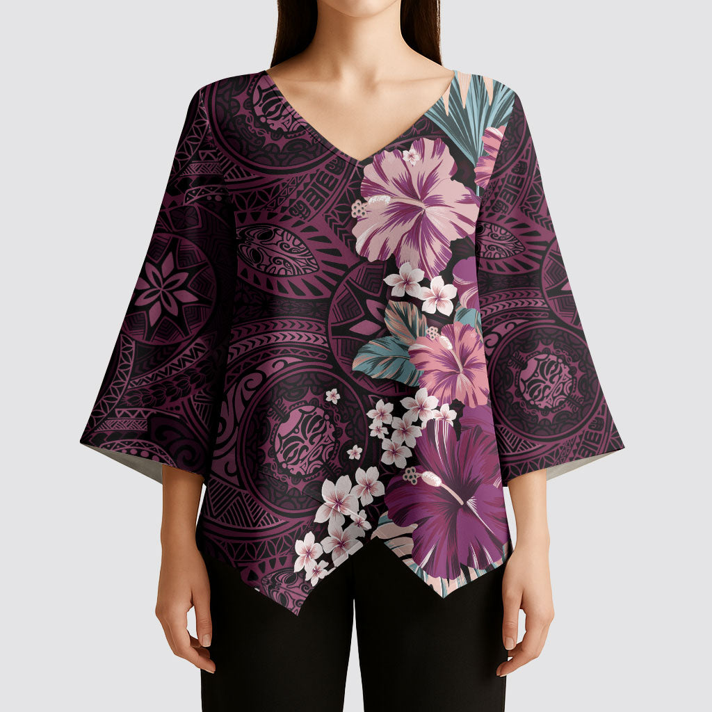 Poni Mama Hawai'i Hibiscus Kimono Sleeve Blouse Polynesian Tribal Tattoo Pattern Floral Elements