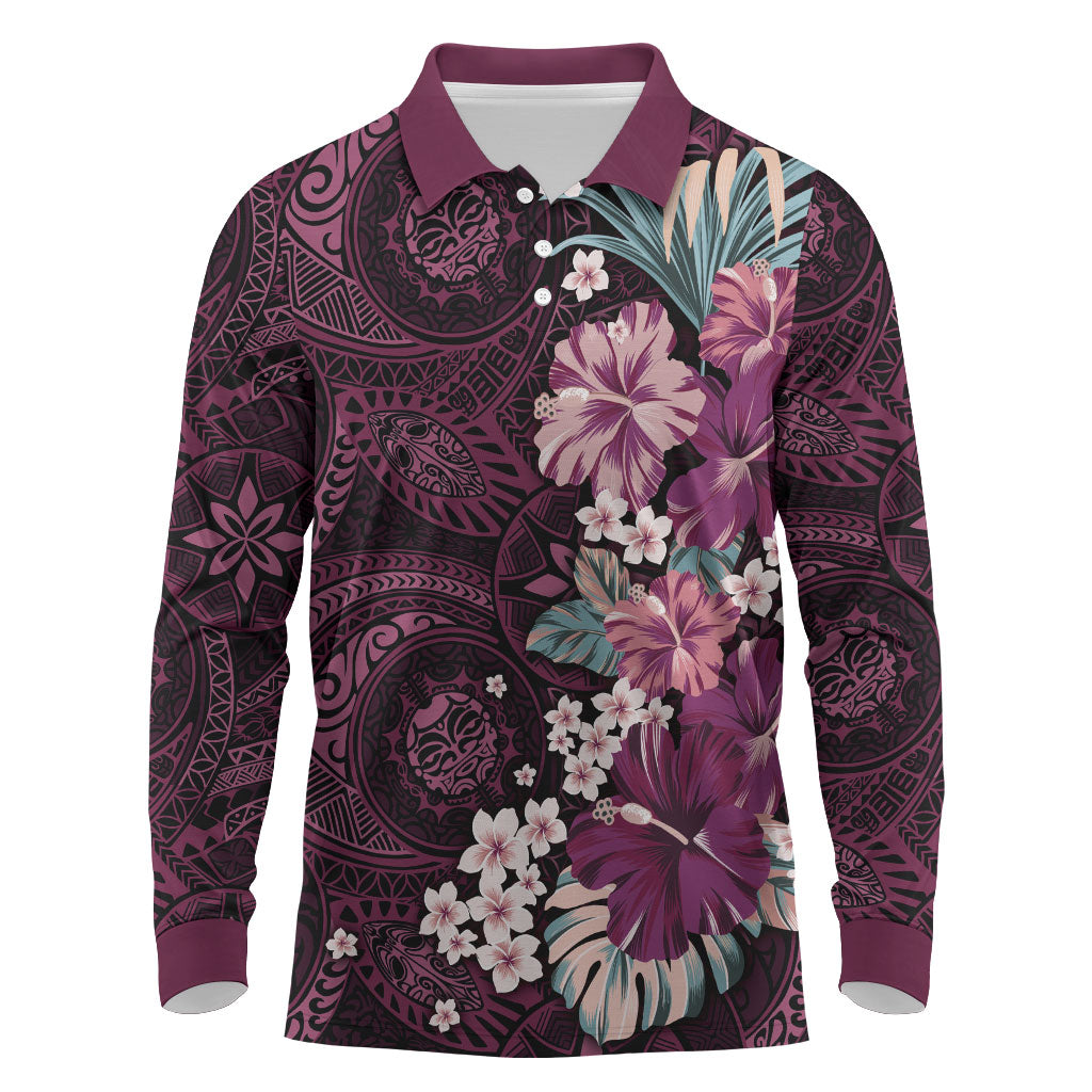 Poni Mama Hawai'i Hibiscus Long Sleeve Polo Shirt Polynesian Tribal Tattoo Pattern Floral Elements LT9 Pink - Polynesian Pride