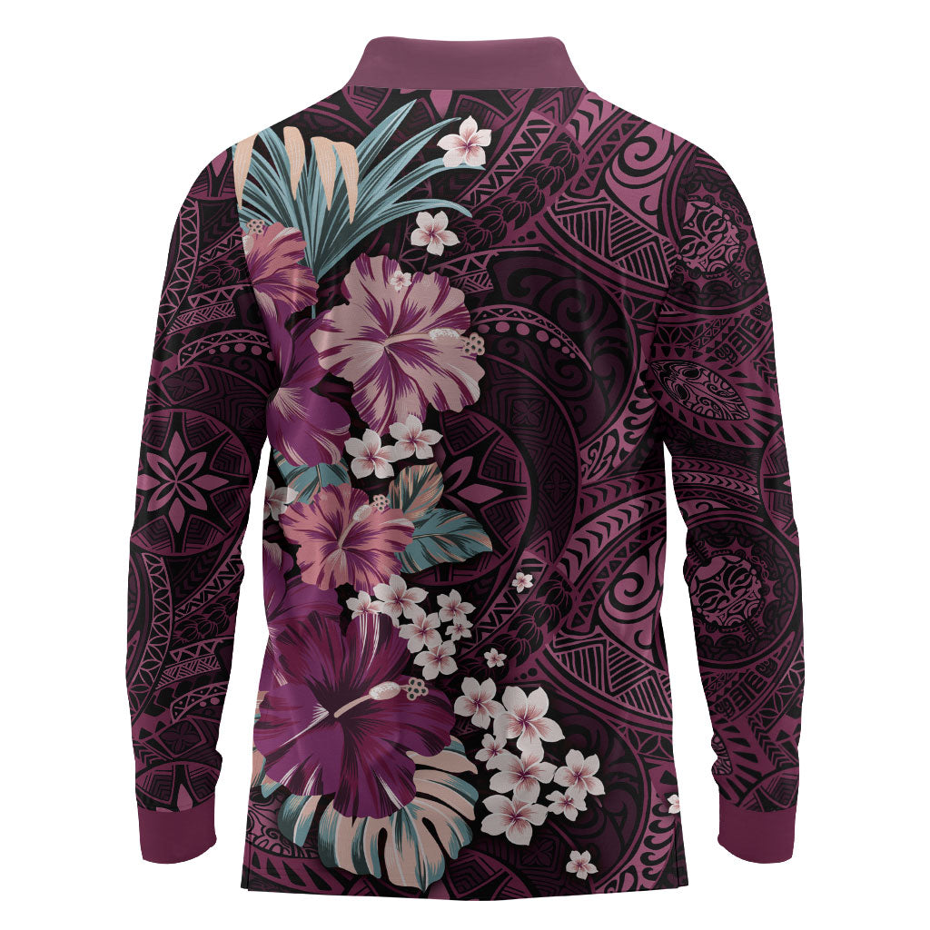 Poni Mama Hawai'i Hibiscus Long Sleeve Polo Shirt Polynesian Tribal Tattoo Pattern Floral Elements