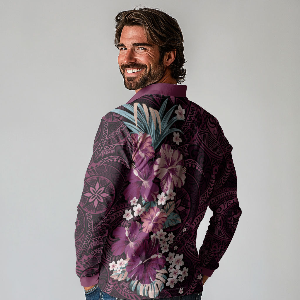 Poni Mama Hawai'i Hibiscus Long Sleeve Polo Shirt Polynesian Tribal Tattoo Pattern Floral Elements