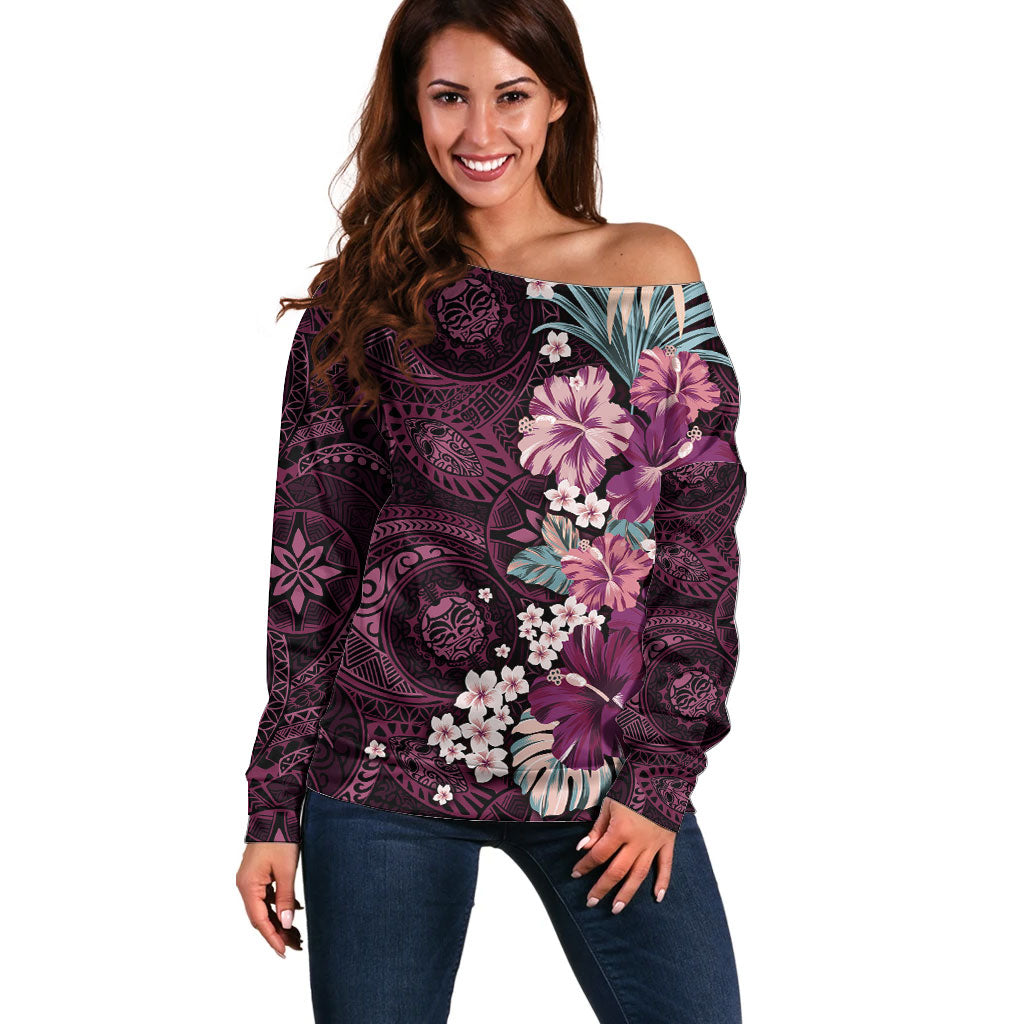 Poni Mama Hawai'i Hibiscus Off Shoulder Sweater Polynesian Tribal Tattoo Pattern Floral Elements LT9 Women Pink - Polynesian Pride
