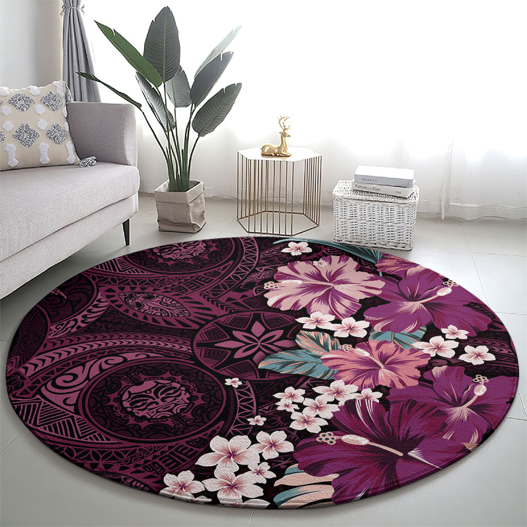 Poni Mama Hawai'i Hibiscus Round Carpet Polynesian Tribal Tattoo Pattern Floral Elements
