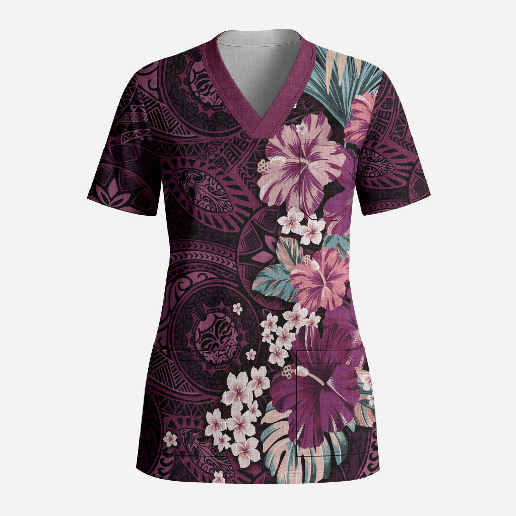 Poni Mama Hawai'i Hibiscus Scrub Top Polynesian Tribal Tattoo Pattern Floral Elements LT9 Adult Pink - Polynesian Pride