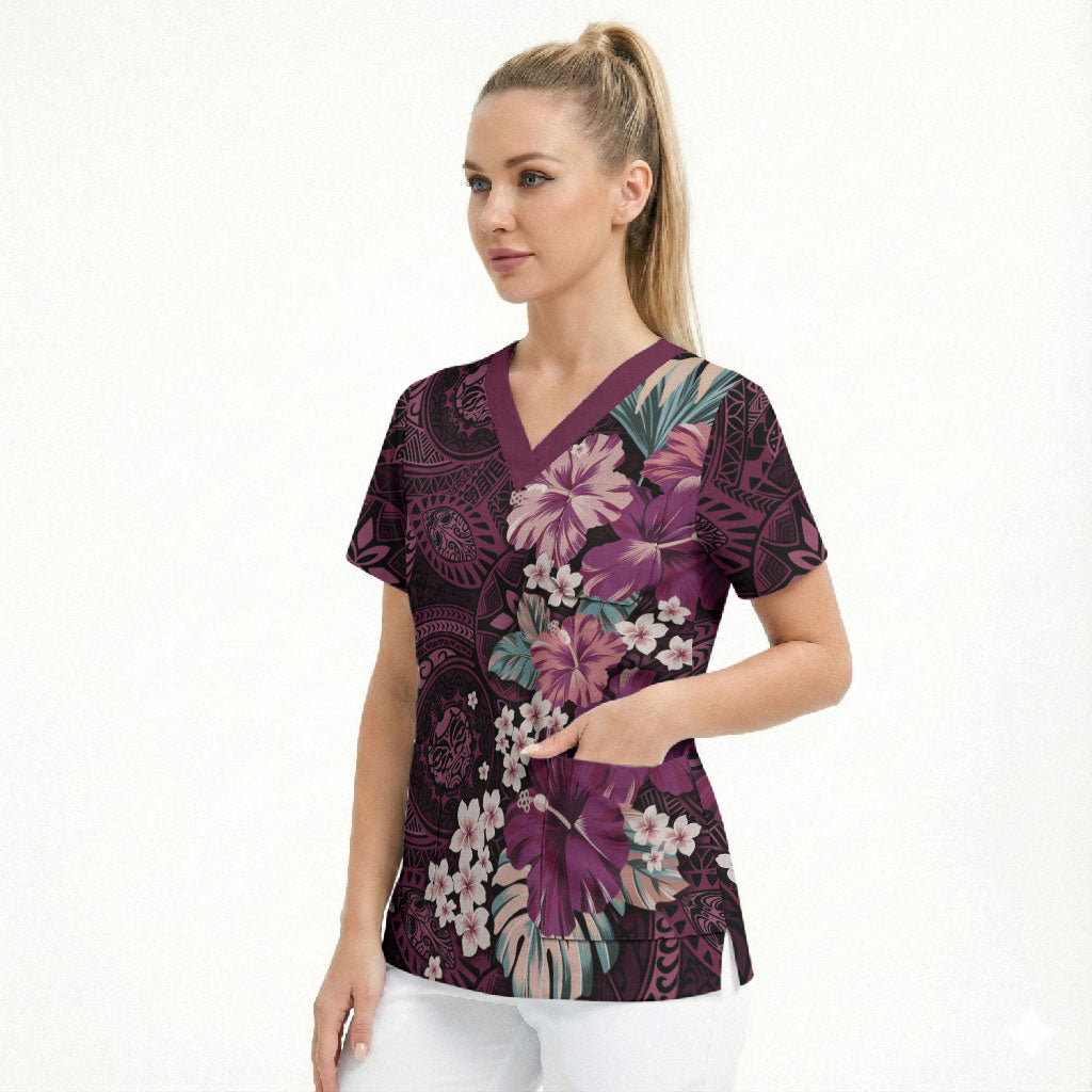 Poni Mama Hawai'i Hibiscus Scrub Top Polynesian Tribal Tattoo Pattern Floral Elements