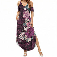 Poni Mama Hawai'i Hibiscus Summer Maxi Dress Polynesian Tribal Tattoo Pattern Floral Elements