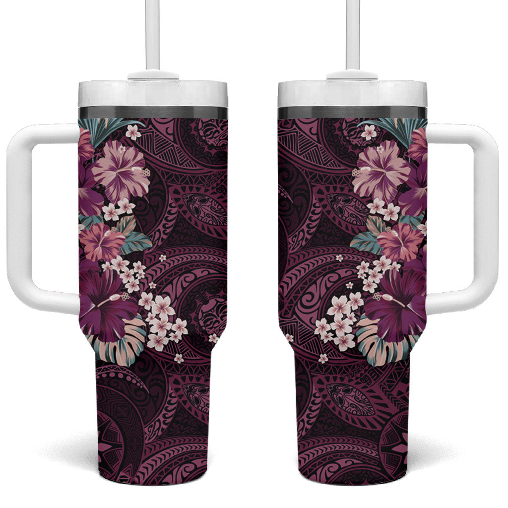 Poni Mama Hawai'i Hibiscus Tumbler With Handle Polynesian Tribal Tattoo Pattern Floral Elements