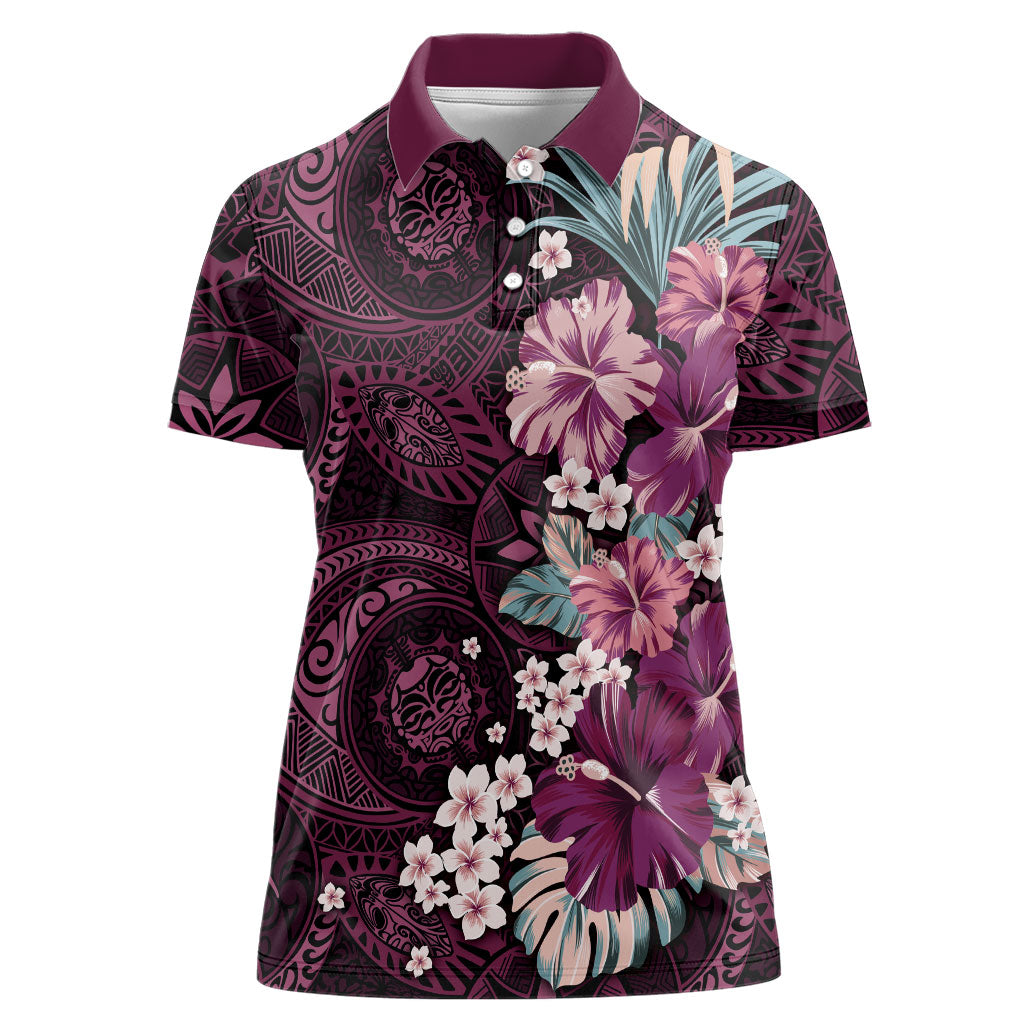 Poni Mama Hawai'i Hibiscus Women Polo Shirt Polynesian Tribal Tattoo Pattern Floral Elements LT9 Female Pink - Polynesian Pride