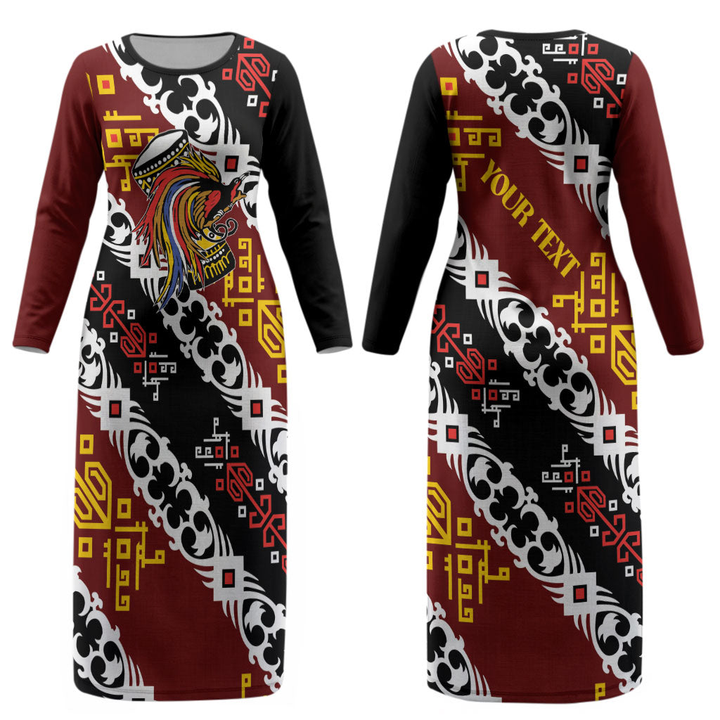 Personalised Papua New Guinea Bird Drum Couples Matching Long Sleeve Bodycon Dress and Hawaiian Shirt Papuan Batik Motif LT9 - Polynesian Pride