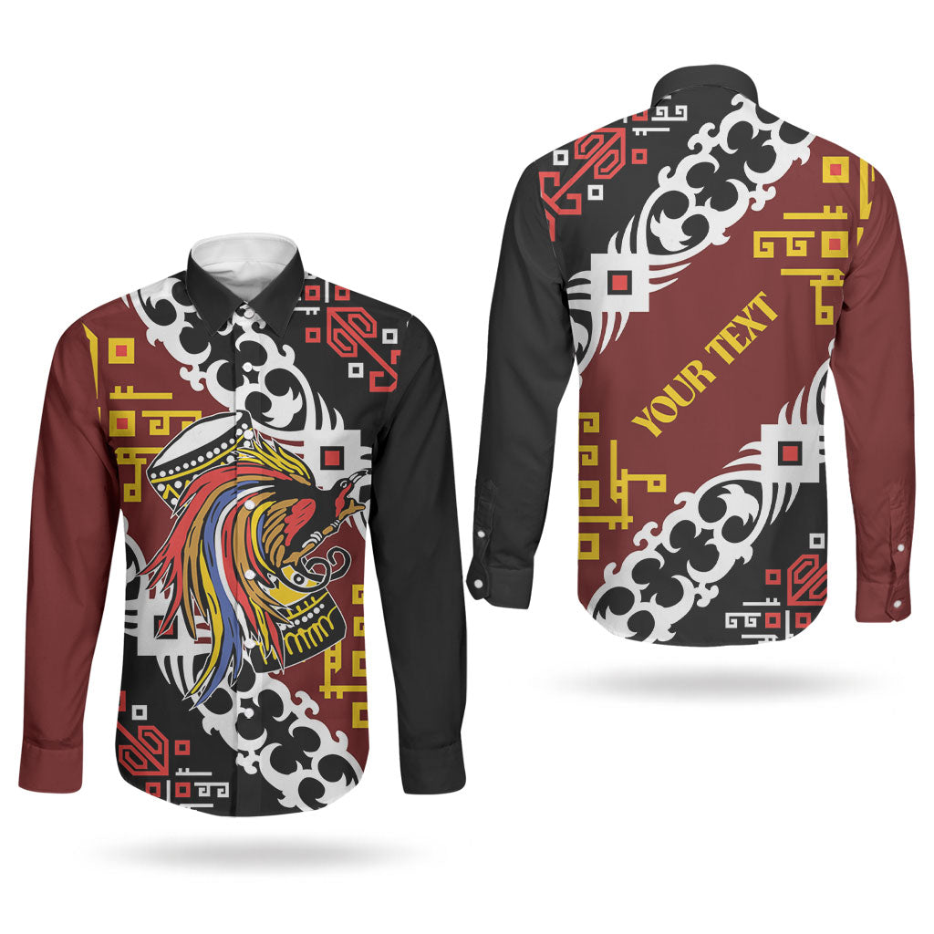 Personalised Papua New Guinea Bird Drum Couples Matching Long Sleeve Bodycon Dress and Long Sleeve Button Shirt Papuan Batik Motif LT9 - Polynesian Pride