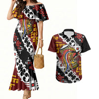 Personalised Papua New Guinea Bird Drum Couples Matching Mermaid Dress and Hawaiian Shirt Papuan Batik Motif LT9 Black - Polynesian Pride