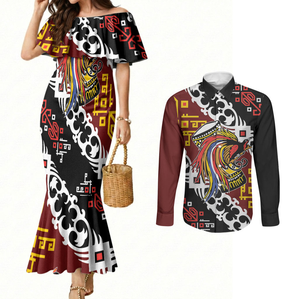 Personalised Papua New Guinea Bird Drum Couples Matching Mermaid Dress and Long Sleeve Button Shirt Papuan Batik Motif