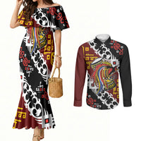 Personalised Papua New Guinea Bird Drum Couples Matching Mermaid Dress and Long Sleeve Button Shirt Papuan Batik Motif