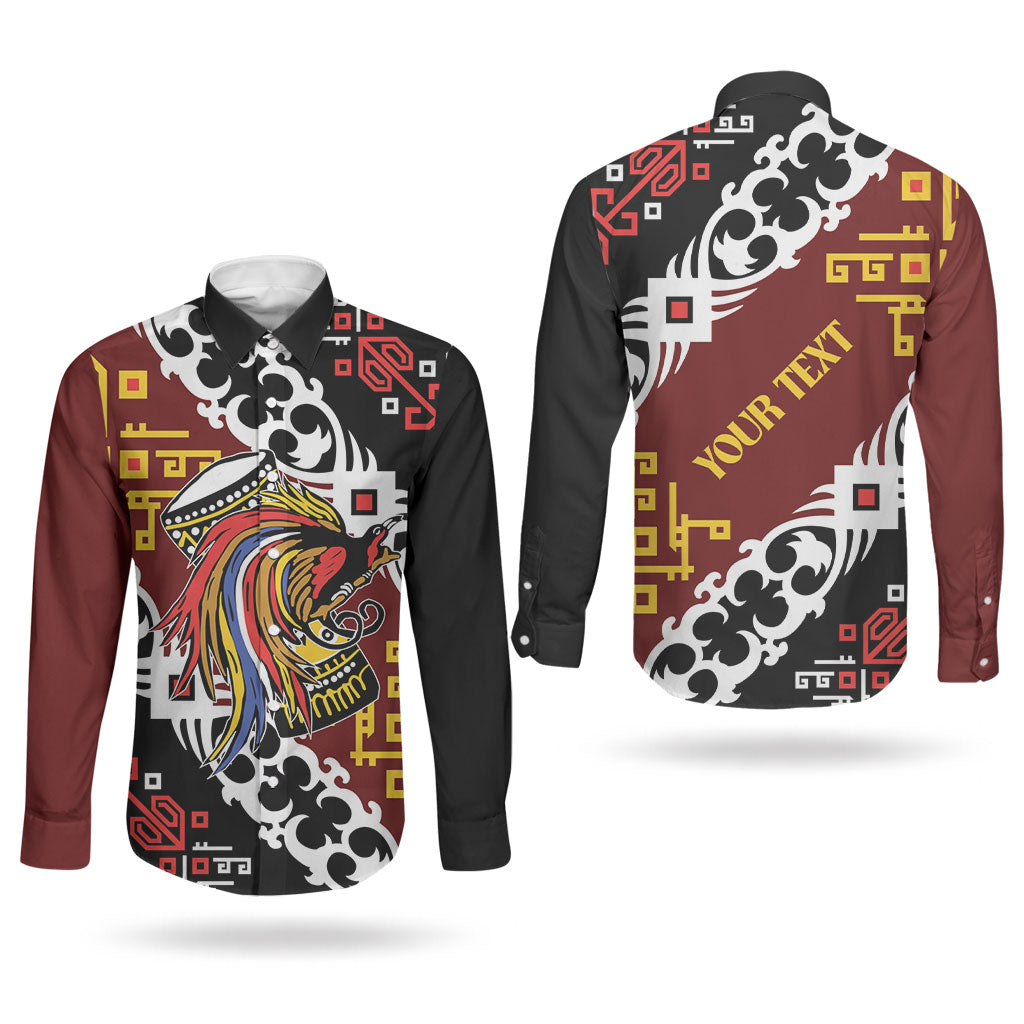 Personalised Papua New Guinea Bird Drum Couples Matching Off Shoulder Maxi Dress and Long Sleeve Button Shirt Papuan Batik Motif
