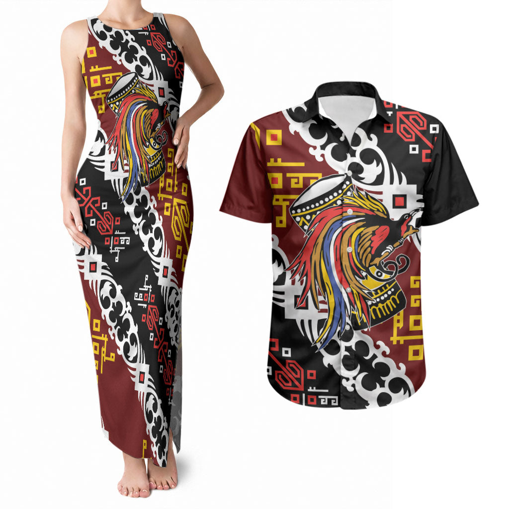 Personalised Papua New Guinea Bird Drum Couples Matching Tank Maxi Dress and Hawaiian Shirt Papuan Batik Motif