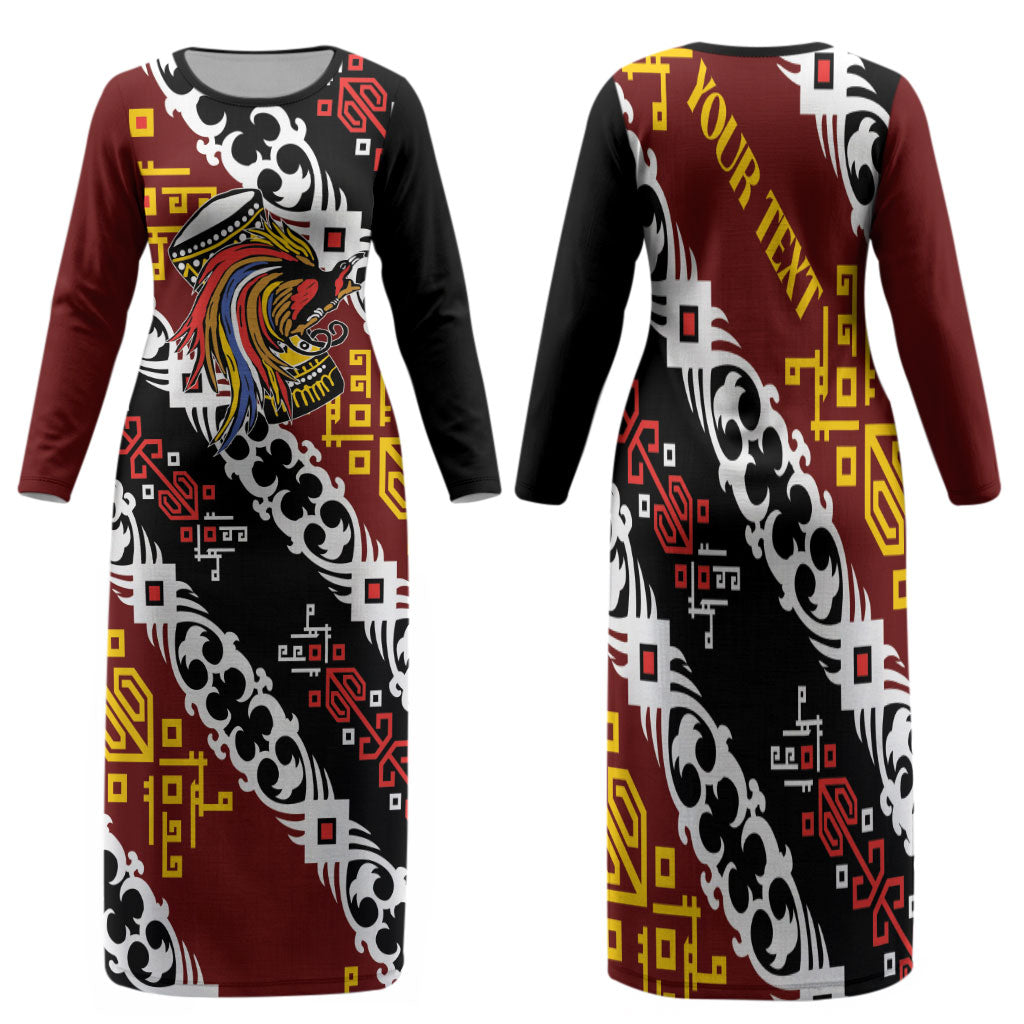 Personalised Papua New Guinea Bird Drum Family Matching Long Sleeve Bodycon Dress and Hawaiian Shirt Papuan Batik Motif LT9 Mom's Dress Black - Polynesian Pride