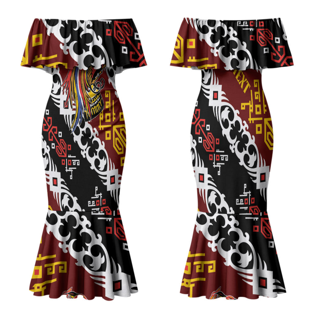 Personalised Papua New Guinea Bird Drum Family Matching Mermaid Dress and Hawaiian Shirt Papuan Batik Motif LT9 Mom's Dress Black - Polynesian Pride