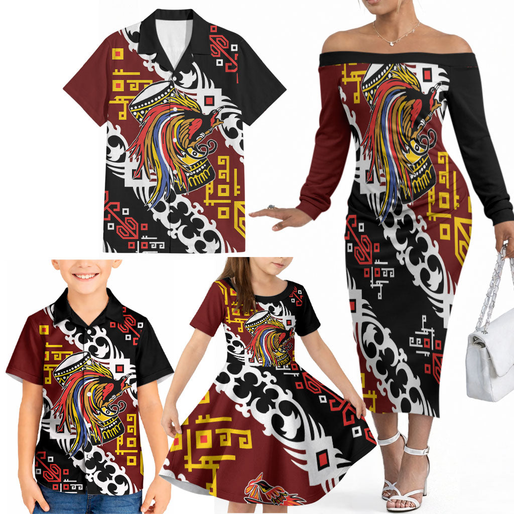 Personalised Papua New Guinea Bird Drum Family Matching Off The Shoulder Long Sleeve Dress and Hawaiian Shirt Papuan Batik Motif LT9 - Polynesian Pride
