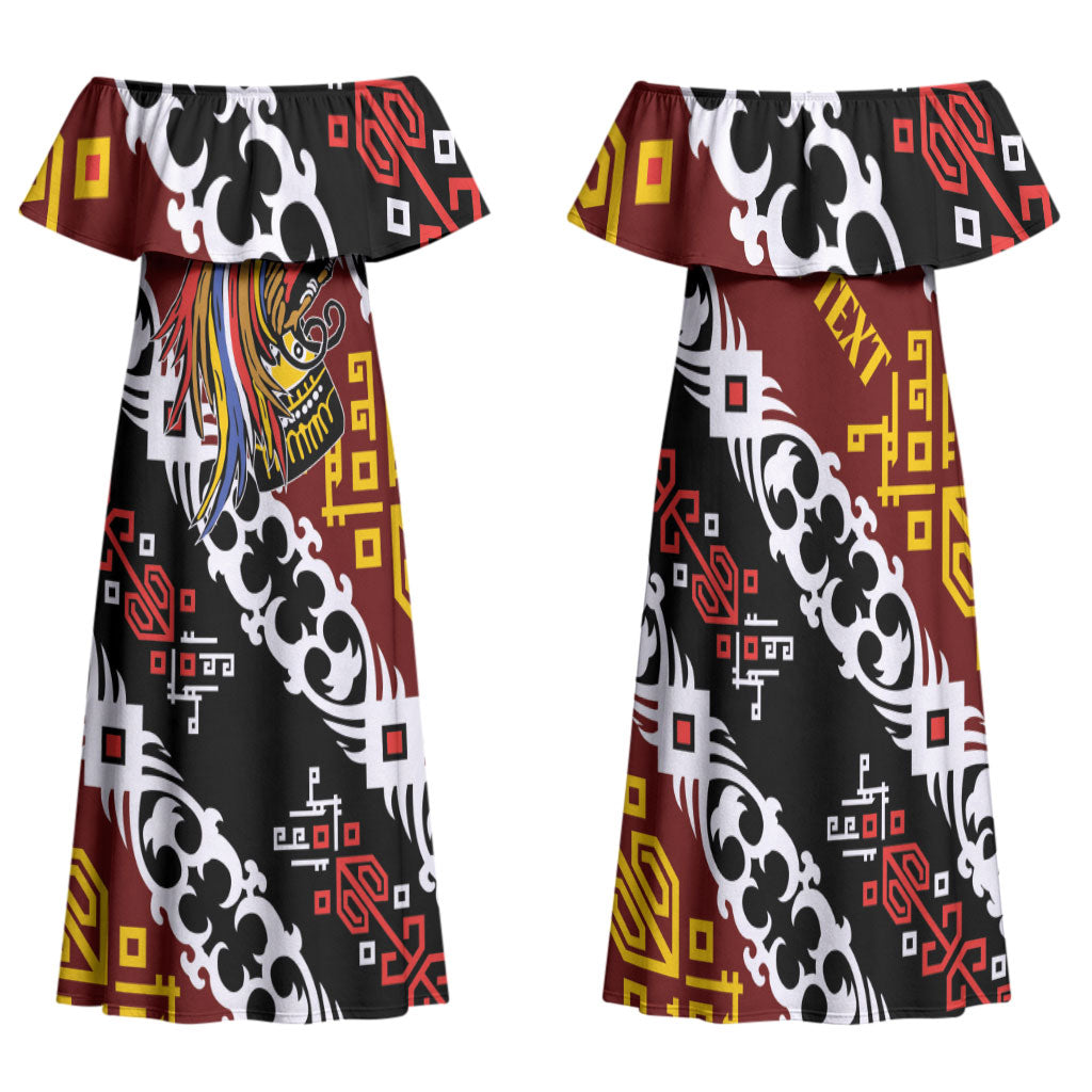 Personalised Papua New Guinea Bird Drum Family Matching Off Shoulder Maxi Dress and Hawaiian Shirt Papuan Batik Motif LT9 Mom's Dress Black - Polynesian Pride
