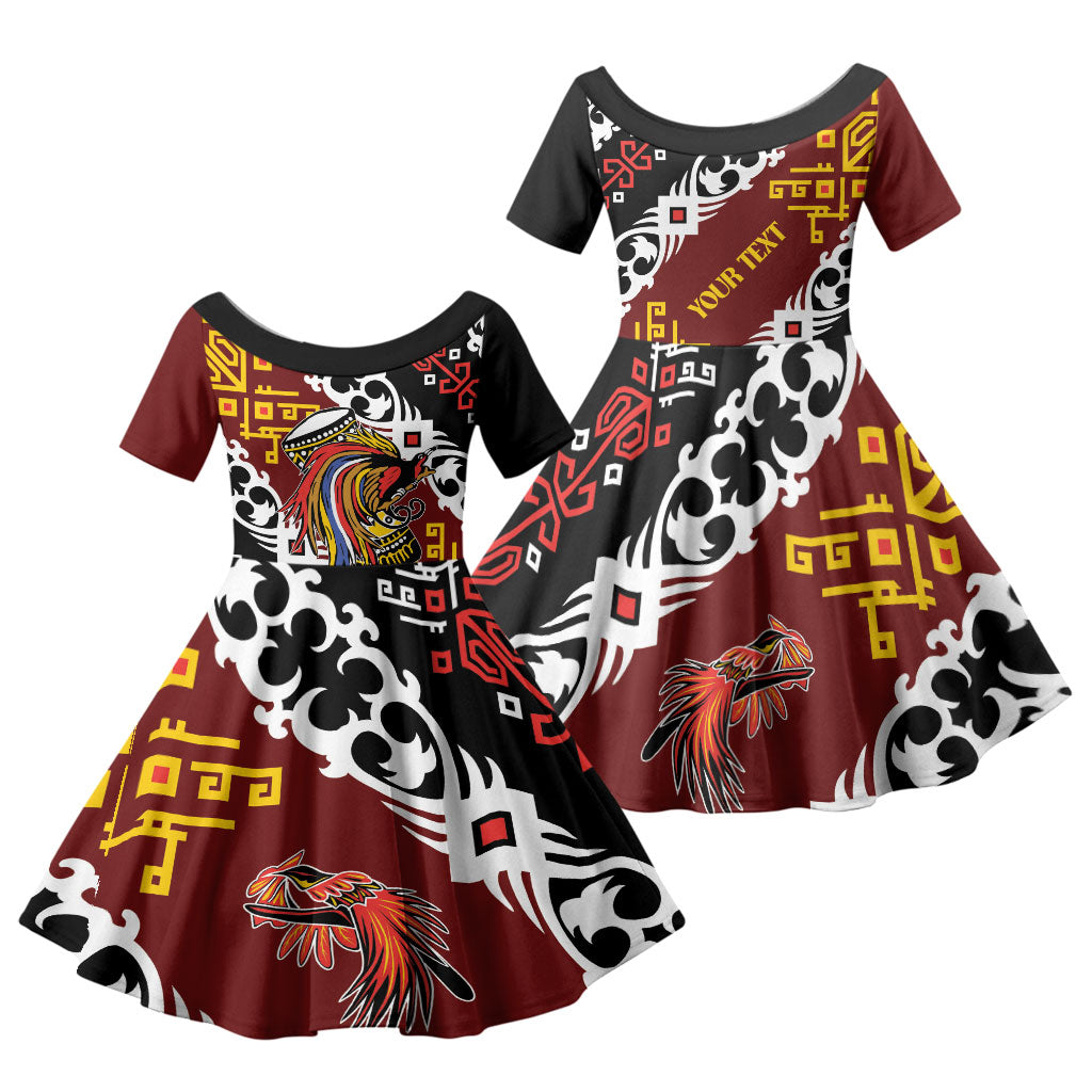 Personalised Papua New Guinea Bird Drum Family Matching Off Shoulder Maxi Dress and Hawaiian Shirt Papuan Batik Motif LT9 Daughter's Dress Black - Polynesian Pride