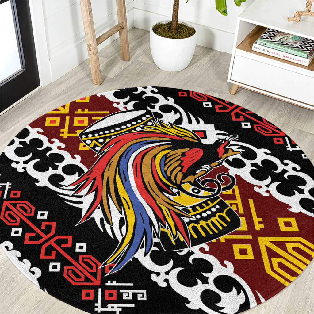 Papua New Guinea Bird Drum Round Carpet Papuan Batik Motif LT9 Black - Polynesian Pride