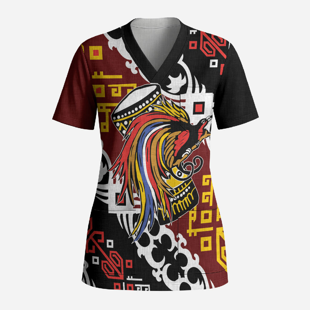 Personalised Papua New Guinea Bird Drum Scrub Top Papuan Batik Motif