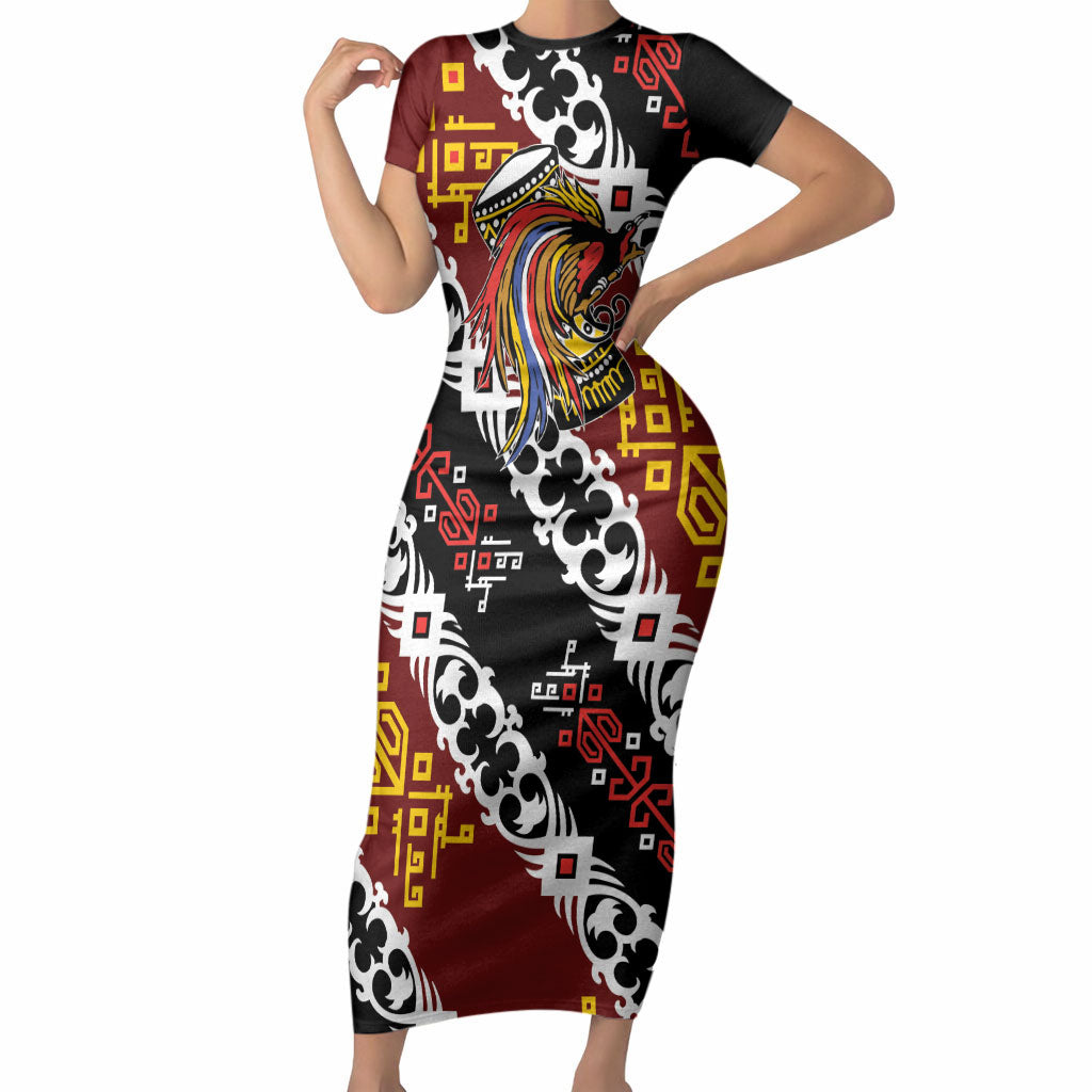 Personalised Papua New Guinea Bird Drum Short Sleeve Bodycon Dress Papuan Batik Motif LT9 Long Dress Black - Polynesian Pride