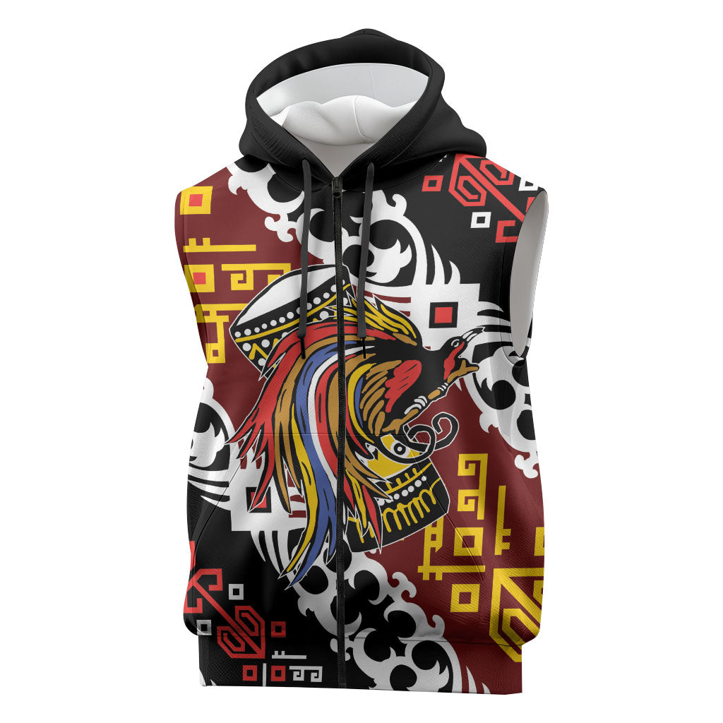 Personalised Papua New Guinea Bird Drum Sleeveless Zip Hoodie Papuan Batik Motif LT9 Black - Polynesian Pride