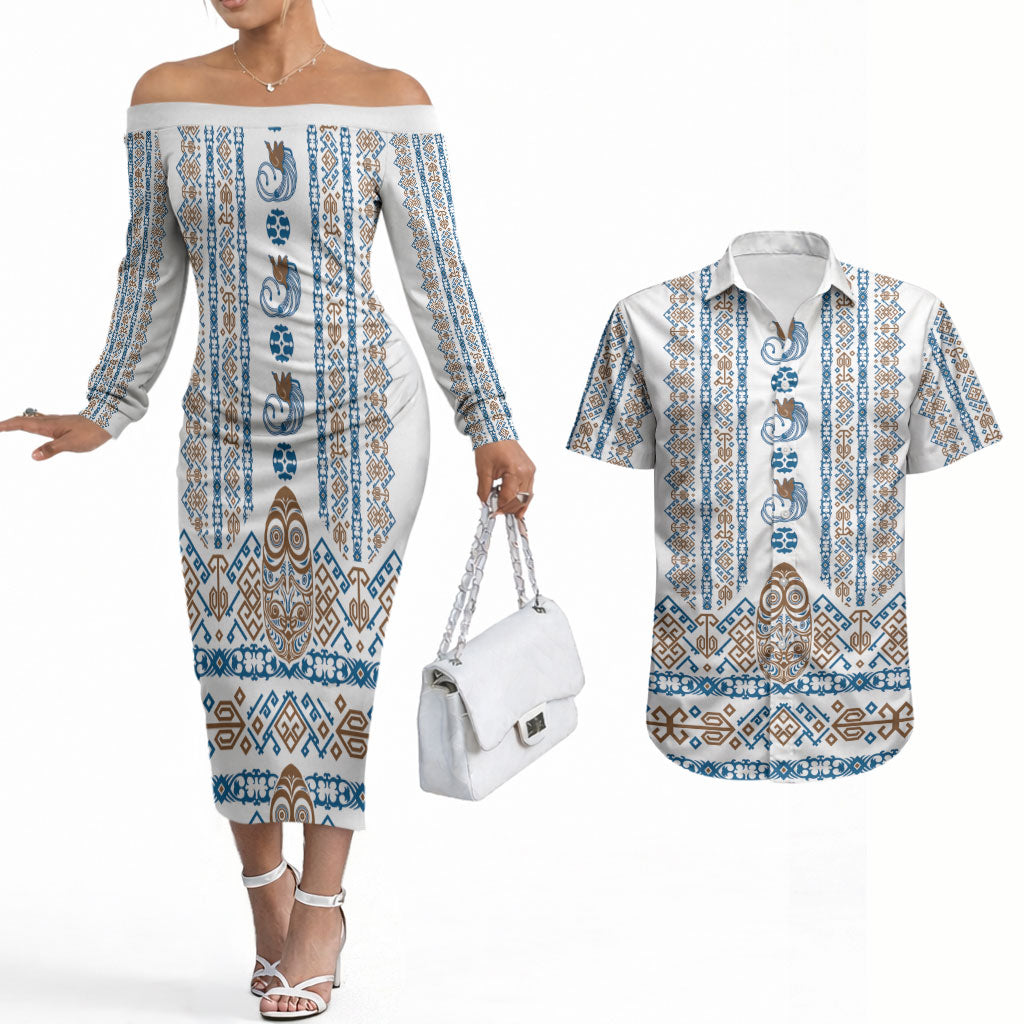 Personalised Papua New Guinea Bird Ethnic Couples Matching Off The Shoulder Long Sleeve Dress and Hawaiian Shirt Papuan Batik Inspired Pattern LT9 White - Polynesian Pride