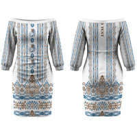 Personalised Papua New Guinea Bird Ethnic Family Matching Off The Shoulder Long Sleeve Dress and Hawaiian Shirt Papuan Batik Inspired Pattern LT9 Mom's Dress White - Polynesian Pride