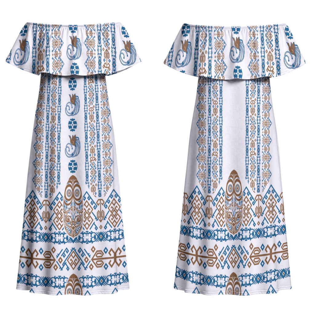 Personalised Papua New Guinea Bird Ethnic Family Matching Off Shoulder Maxi Dress and Hawaiian Shirt Papuan Batik Inspired Pattern LT9 Mom's Dress White - Polynesian Pride