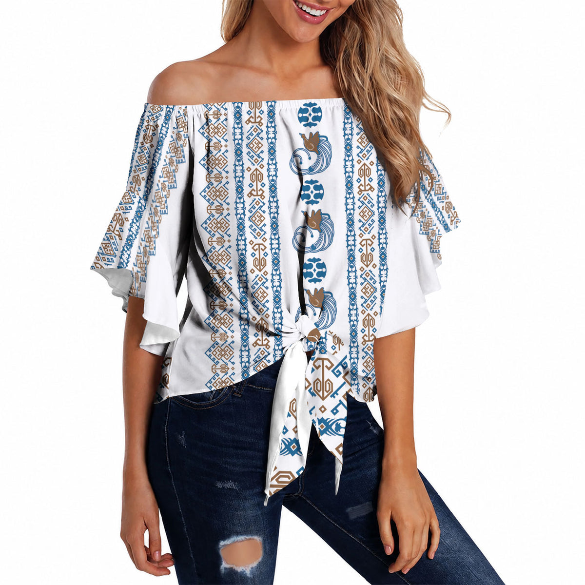 Personalised Papua New Guinea Bird Ethnic Off Shoulder Wrap Waist Top Papuan Batik Inspired Pattern LT9 - Polynesian Pride