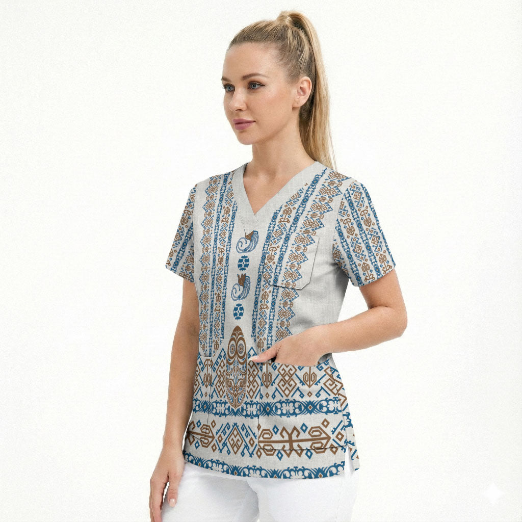 Personalised Papua New Guinea Bird Ethnic Scrub Top Papuan Batik Inspired Pattern