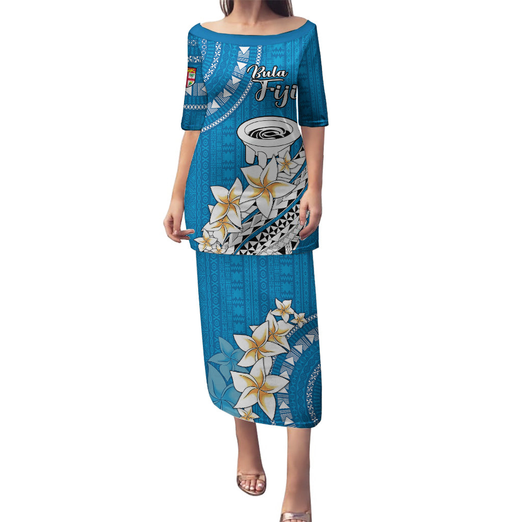 Bula Fiji Puletasi Kava Bowl Tapa Tribal LT9 Long Dress Blue - Polynesian Pride