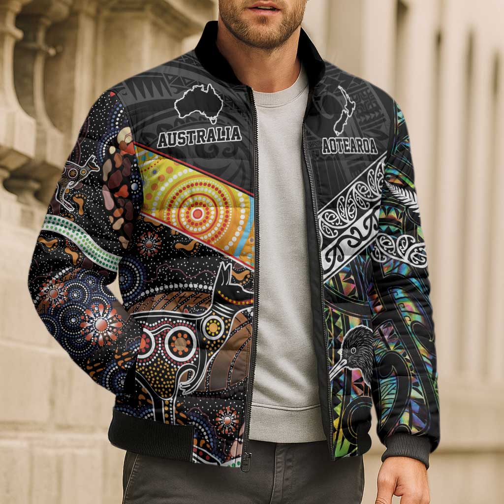Australia New Zealand Personalised Bomber Puffer Jacket Maori Aboriginal Art Style - Polynesian Pride