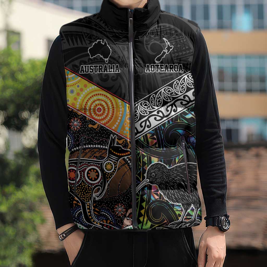 Australia New Zealand Personalised Sleeveless Puffer Jacket Maori Aboriginal Art Style - Polynesian Pride