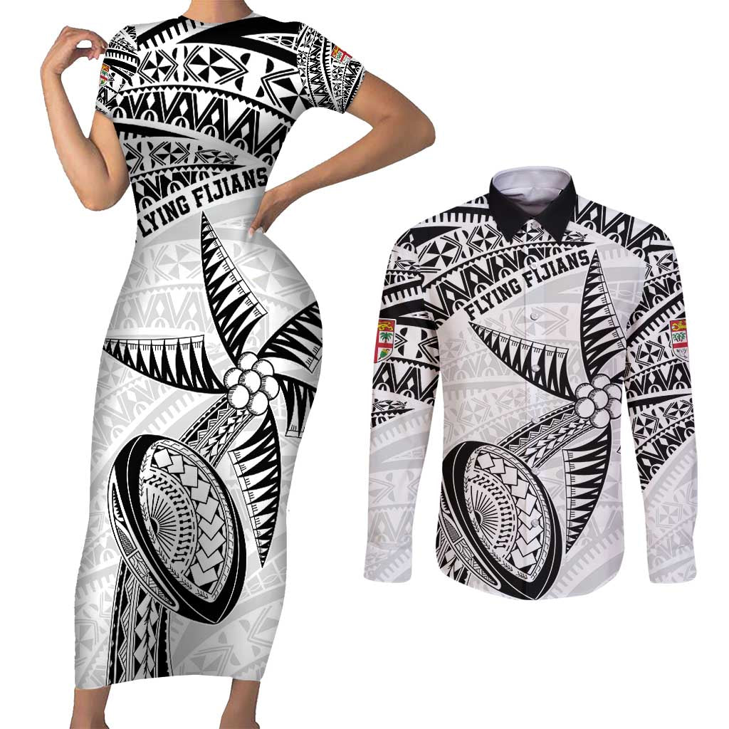 Custom Fiji Rugby Pacific Couples Matching Short Sleeve Bodycon Dress and Long Sleeve Button Shirt Polynesian Palm Tattoo LT9 White - Polynesian Pride
