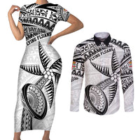 Custom Fiji Rugby Pacific Couples Matching Short Sleeve Bodycon Dress and Long Sleeve Button Shirt Polynesian Palm Tattoo LT9 White - Polynesian Pride