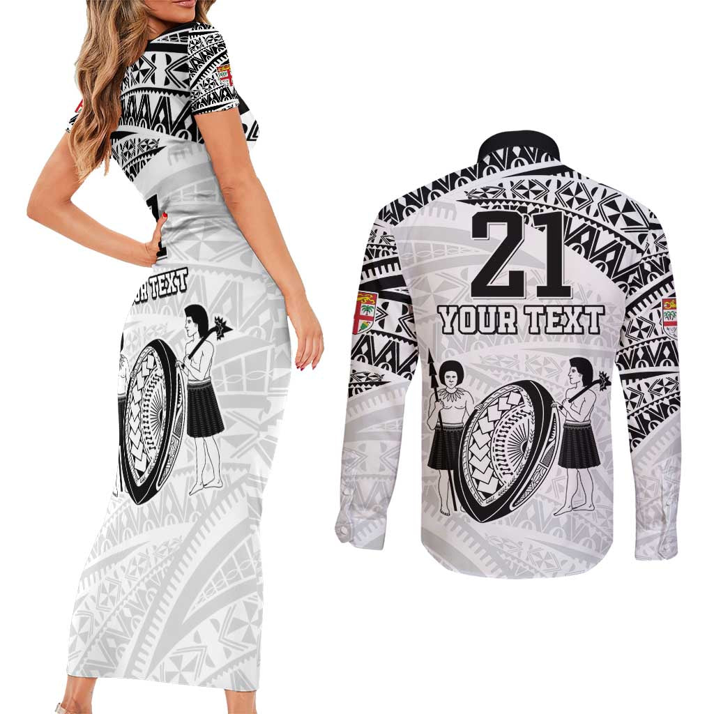 Custom Fiji Rugby Pacific Couples Matching Short Sleeve Bodycon Dress and Long Sleeve Button Shirt Polynesian Palm Tattoo LT9 - Polynesian Pride