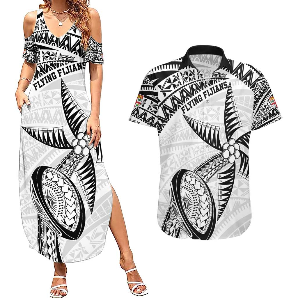 Custom Fiji Rugby Pacific Couples Matching Summer Maxi Dress and Hawaiian Shirt Polynesian Palm Tattoo LT9 White - Polynesian Pride