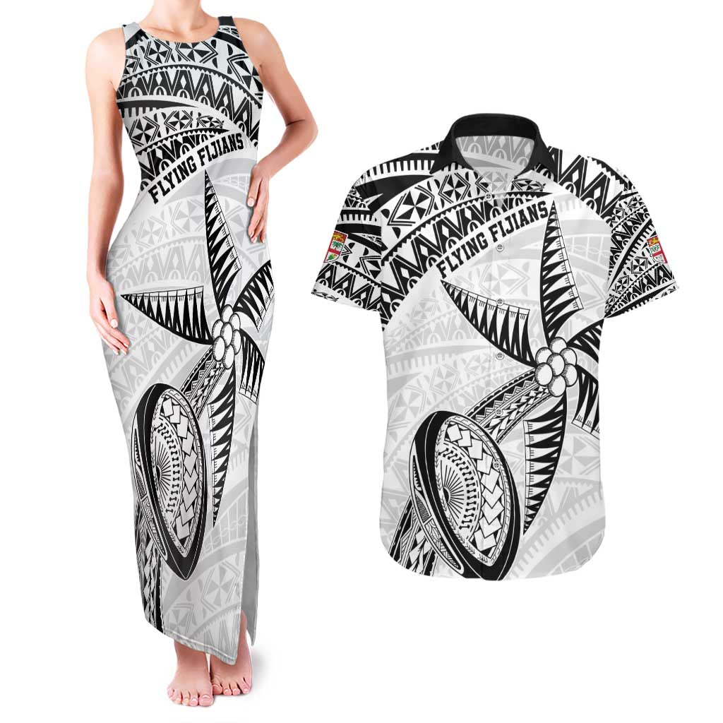 Custom Fiji Rugby Pacific Couples Matching Tank Maxi Dress and Hawaiian Shirt Polynesian Palm Tattoo LT9 White - Polynesian Pride