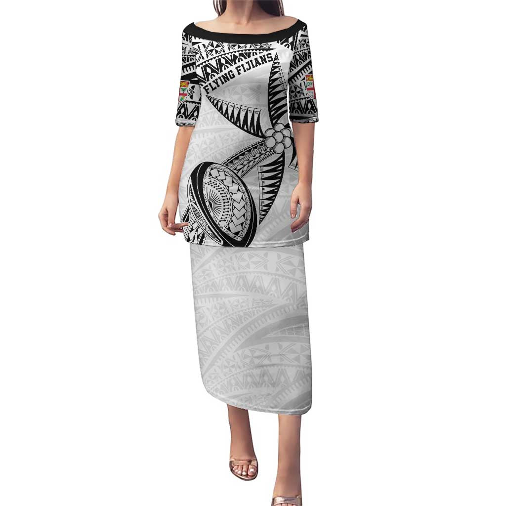 Custom Fiji Rugby Pacific Puletasi Polynesian Palm Tattoo LT9 Long Dress White - Polynesian Pride
