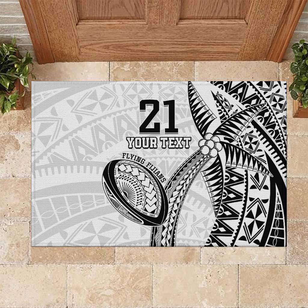 Custom Fiji Rugby Pacific Rubber Doormat Polynesian Palm Tattoo LT9 White - Polynesian Pride