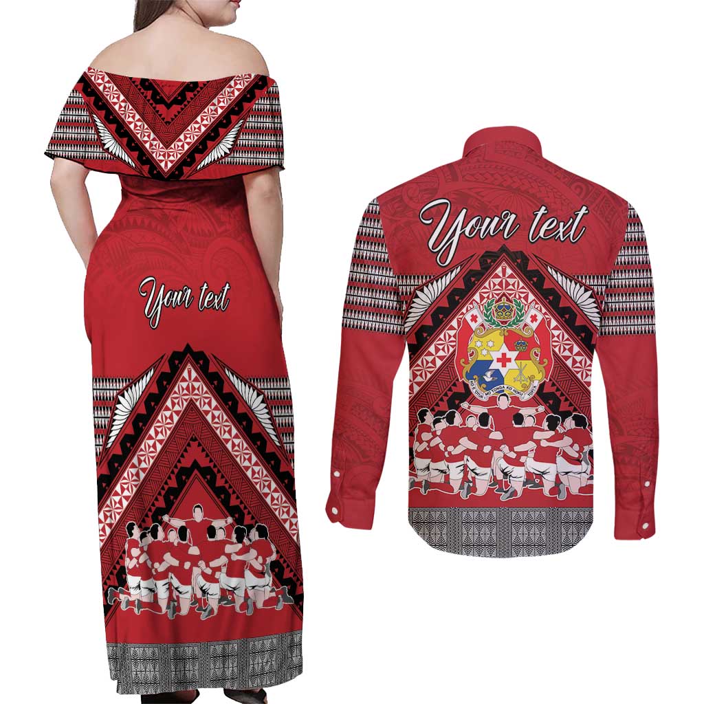 Personalised Tonga Rugby Pacific Couples Matching Off Shoulder Maxi Dress and Long Sleeve Button Shirt Ikale Tahi Sipi Tau