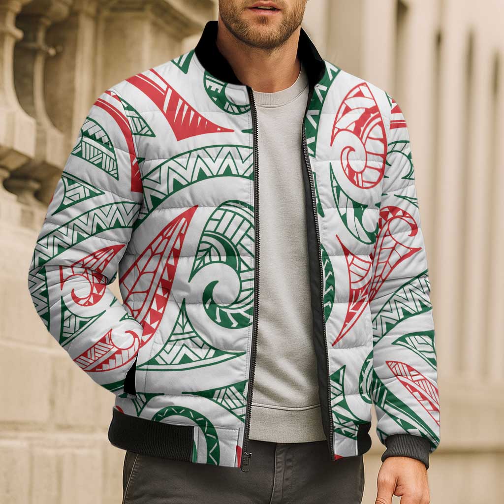 New Zealand Kowhaiwhai Christmas Bomber Puffer Jacket Traditional Maori Koru Pattern - Polynesian Pride