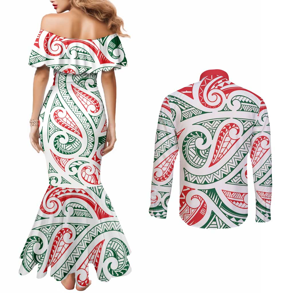 New Zealand Kowhaiwhai Christmas Couples Matching Mermaid Dress and Long Sleeve Button Shirt Traditional Maori Koru Pattern - Polynesian Pride