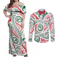 New Zealand Kowhaiwhai Christmas Couples Matching Off Shoulder Maxi Dress and Long Sleeve Button Shirt Traditional Maori Koru Pattern - Polynesian Pride