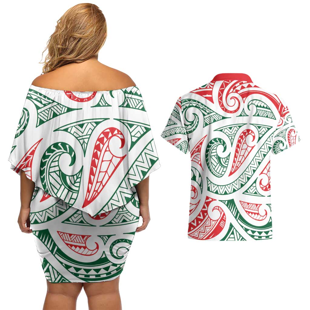 New Zealand Kowhaiwhai Christmas Couples Matching Off Shoulder Short Dress and Hawaiian Shirt Traditional Maori Koru Pattern - Polynesian Pride